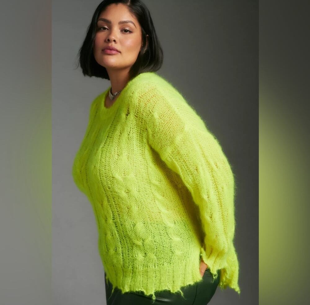 Anthropologie The Posey Distressed Stitch Sweater Yellow Green Neon Sz M
